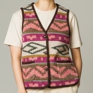 Mastina Womens VTG Southwestern Aztec Woven Vest Pink Brown M cowgirl cabin